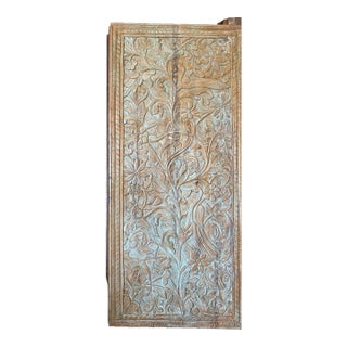 Hand-Carved Tree of Life Wall Panel Door | Rustic Floral Wooden Art | Vintage Barn Door For Sale