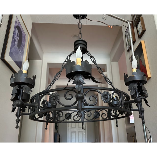 Metal 1960s Large Spanish Revival Metal Forged Black Chandelier For Sale - Image 7 of 17