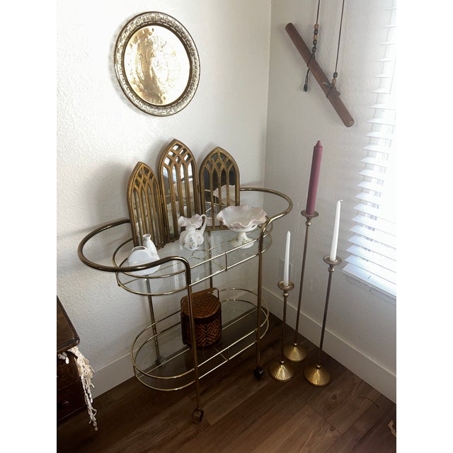 Metal Vintage Brass, Bombay Company, Tall Floor Candle Holders For Sale - Image 7 of 8