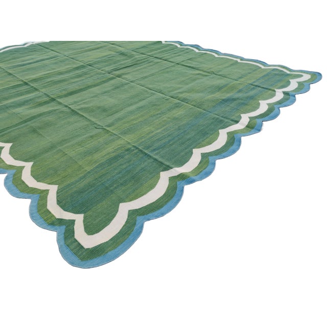 Not Yet Made - Made To Order Handmade Cotton Reversible Scalloped Edge Rug Forest Green With Cream and Teal Blue Border - 9'x12' For Sale - Image 6 of 11
