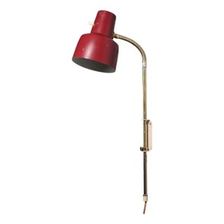 1940s Swedish Modern, Adjustable Wall Light, Brass, Red Lacquered Metal For Sale