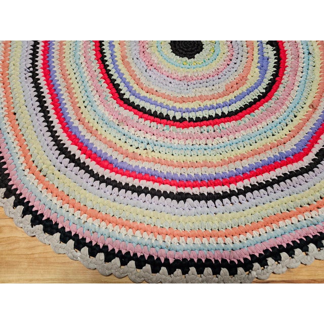 Antique American Braided Round Rug, Handwoven Folk Art, Red & Blue, 3x4 For Sale - Image 4 of 10