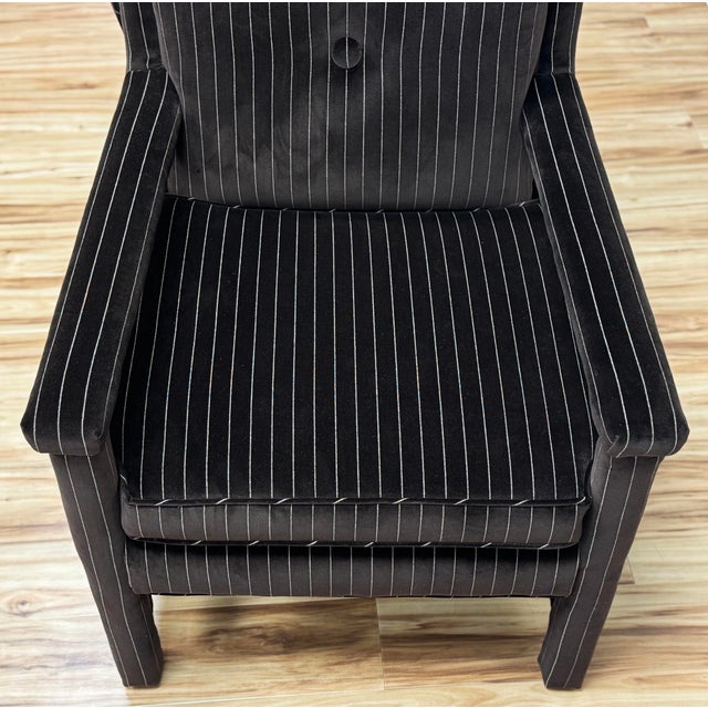 Brown Vintage Newly Upholstered Luxe Chocolate Brown Pinstripe Velvet Parsons Chairs, a Pair For Sale - Image 8 of 12