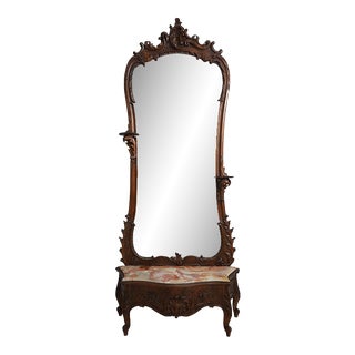 Antique French Louis XV Walnut Marble Top Pier Mirror For Sale