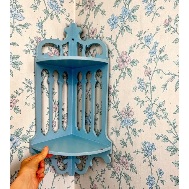 Mid-20th Century Chippendale Style Gingerbread Fretwork Corner Shelf With Distressed Blue Patina For Sale - Image 10 of 10