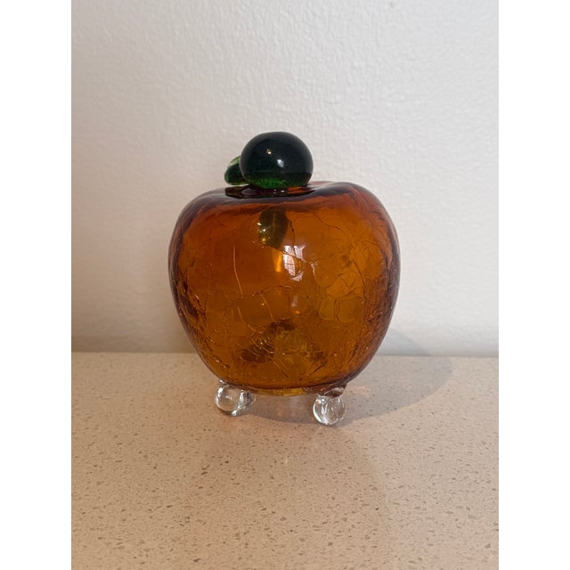 Mid-Century Modern Vintage Amber Crackle Glass Apple Fruit Fly Trap / Autumn Art Glass For Sale - Image 3 of 7