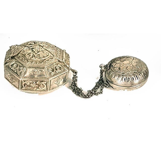 Vessels with Indonesian Lids in Repoussé Silver, Set of 5 For Sale - Image 3 of 5