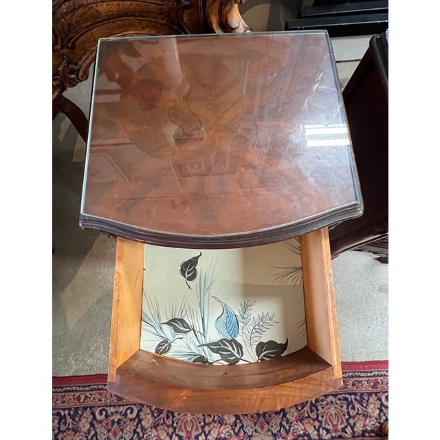 Brown Vintage 1920s French-Style End Tables With 3-Drawers, Ornate Carvings and Glass Tops For Sale - Image 8 of 10