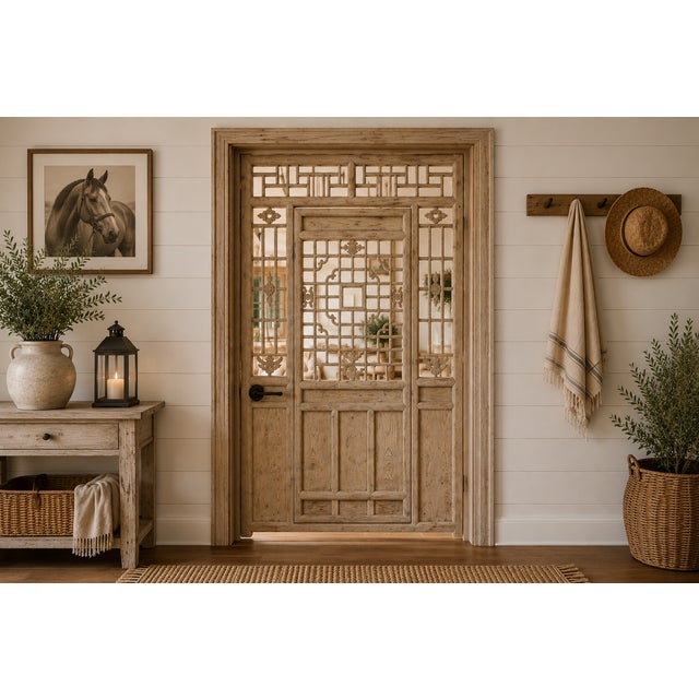 Vintage Chinese Carved Pine Door, with an open trellis design to the door top and sides and a carved hand latch. Because...