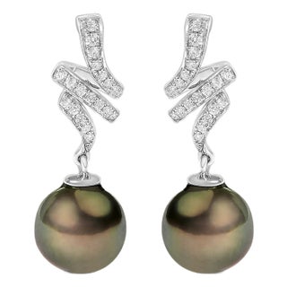 14K White Gold 9MM Cultured Black Pearl and Diamond Accent Drop and Dangle Earrings, A Pair For Sale