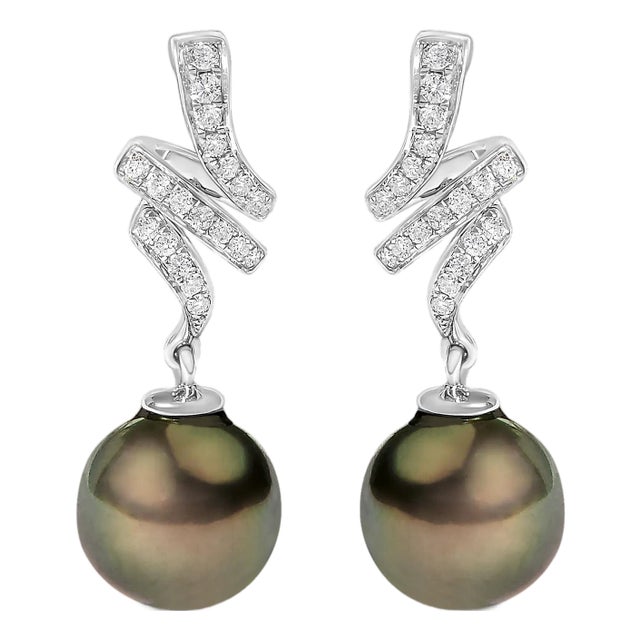 14K White Gold 9MM Cultured Black Pearl and Diamond Accent Drop and Dangle Earrings, A Pair For Sale