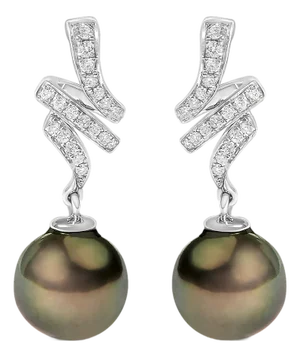 14K White Gold 9MM Cultured Black Pearl and Diamond Accent Drop and Dangle Earrings, A Pair