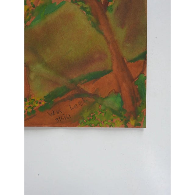 Vintage gouache on terracotta paper landscape painting. Signed illegibly and dated 1961 lower right. Unframed, age toning...