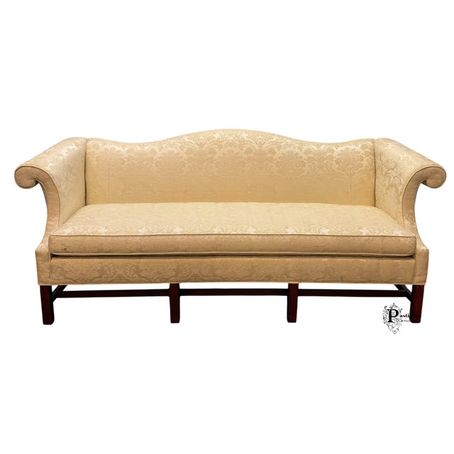 Vintage Chippendale Style Camel Back Sofa featuring Sturdy Hardwood Frame Construction, Elegantly Curved Rolled Arms,...