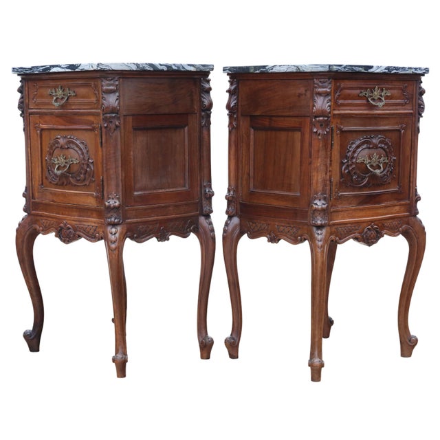 1920s Antique Italian Walnut and Marble Bedside Tables, 1920s, Set of 2 For Sale - Image 5 of 10