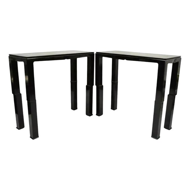 Chinese Ming James Mont Style Black Lacquer Sofa Hall Console Tables - Pair For Sale