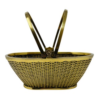 Mid-Century Hollywood Regency Woven Brass Centerpiece Basket - 1970s For Sale