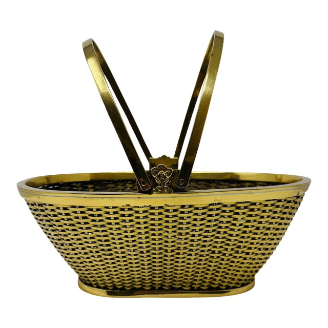 Mid-Century Hollywood Regency Woven Brass Centerpiece Basket - 1970s For Sale