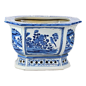 Contemporary Large Chinoiserie Blue & White Botanical Jardiniere