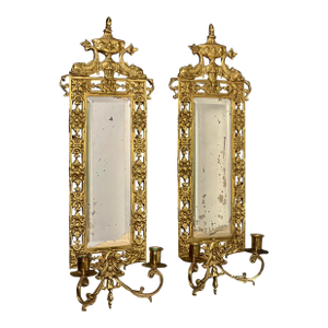 Pair 19th Century Gilt Bronze Girandole Sconce Mirrors With Candelabra