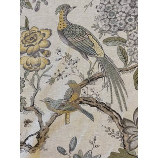 Thibaut Anna French Villeneuve Printed Linen Fabric Yellow and Grey 10 1/2 Yards For Sale