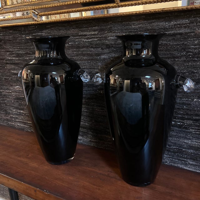 Vintage Hand-Blown Glass Vase in Ebony With Clear Handles- a Pair For Sale - Image 12 of 12