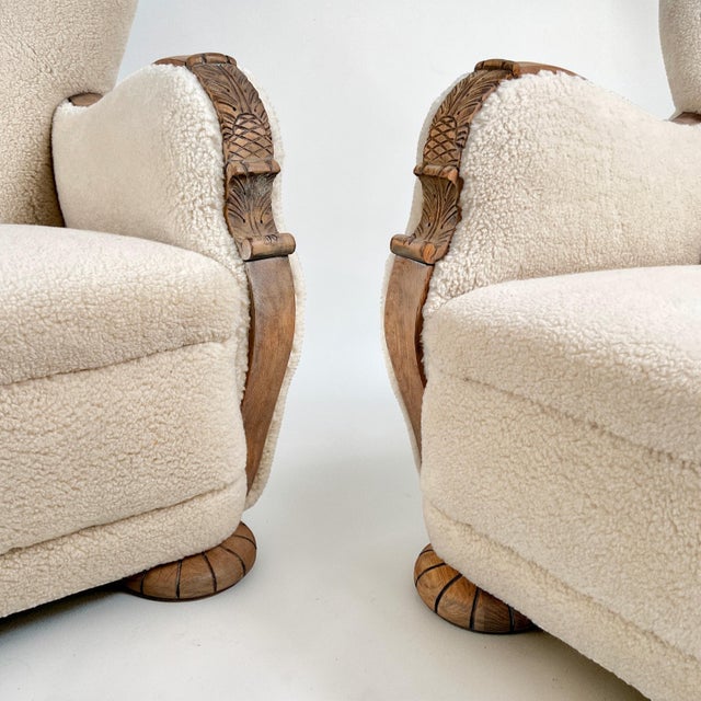 Art Deco Danish Scallop Back Oak and Sherpa Wool Armchairs, 1930s, Set of 2 For Sale - Image 4 of 13