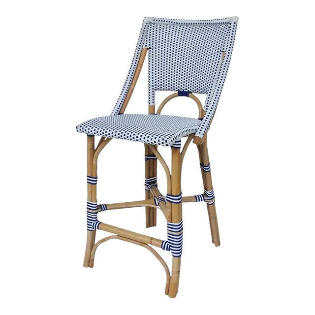 Bistro Counter Chair, White & Navy Blue, Rattan For Sale