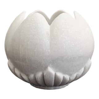 Handmade Rajnagar Marble Candle Holder – 6” White Stone Lotus Design For Sale