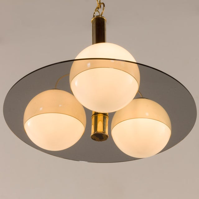 Romeo Rega Mid-Century Italian Brass and Opaline Glass Chandelier in the style of Romeo Rega, 1970s For Sale - Image 4 of 8