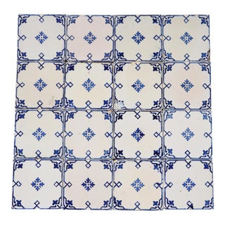 Antique 1920s Portuguese Art Deco Tiles Cobalt Blue Floral Crosses Set of 16 For Sale