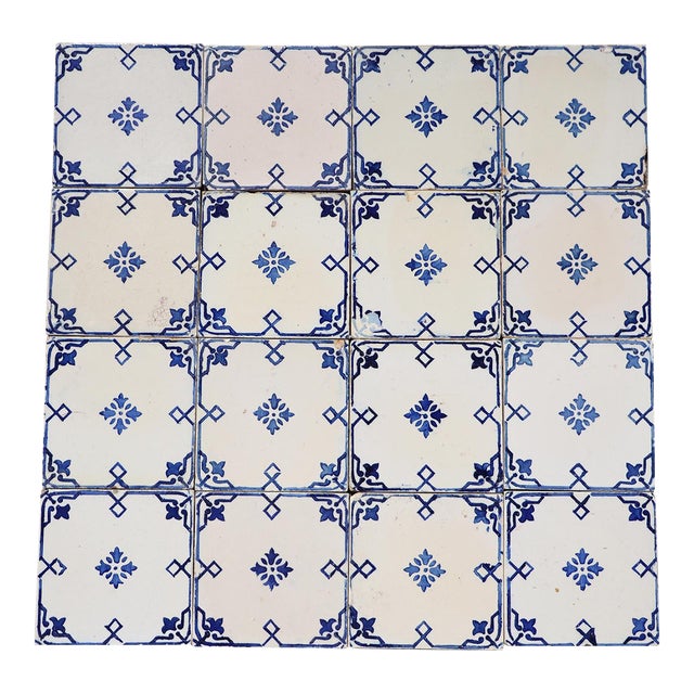 Antique 1920s Portuguese Art Deco Tiles Cobalt Blue Floral Crosses Set of 16 For Sale