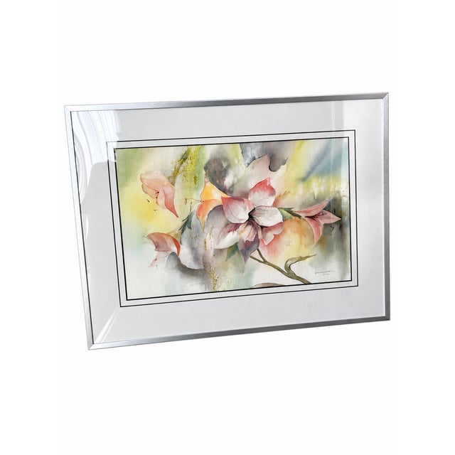 1989 Signed Abstract Floral Watercolor in New Silver-Tone Frame For Sale In Las Vegas - Image 6 of 16