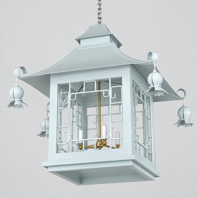 Vintage Chinoiserie Light Blue Iron Four-Lamp Pagoda Chandelier For Sale In New York - Image 6 of 11