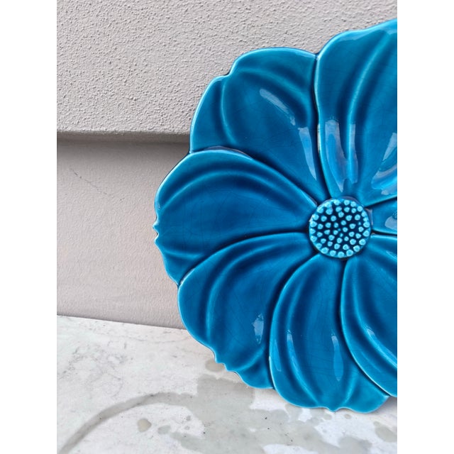 Large French Mid-Century Majolica Blue Flower Platter Charolles For Sale - Image 4 of 5