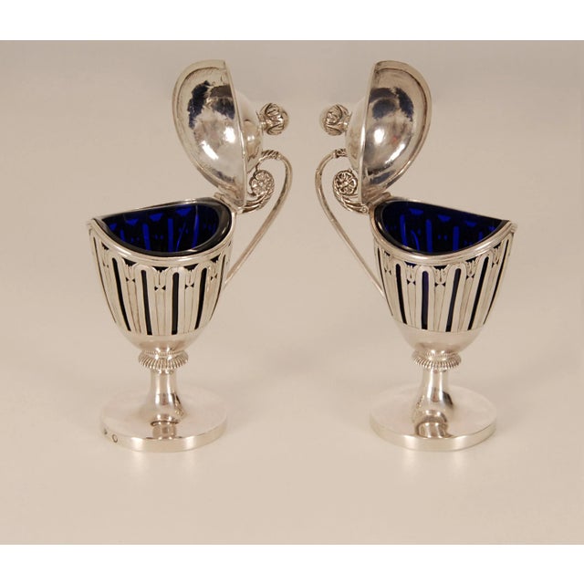 Early 19th Century Antique Silver Mustard Pots Empire Napoleonic Sterling Silver Blue Glass Liner a Pair For Sale - Image 5 of 13