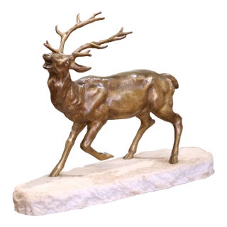 Early 20th C. French Bronze Elk Sculpture on Marble Base Signed De. Fiesole For Sale