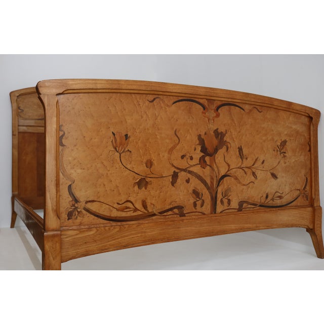Wood Antique Art Nouveau Bed with Inlaid Marquetry Decorative Floral Design, 1890s For Sale - Image 7 of 16