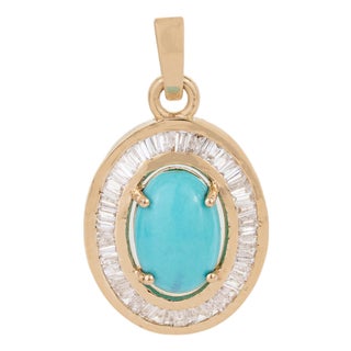Art Deco 1.43ct Turquoise & Baguette Diamond Halo Pendant in 14k Gold For Sale