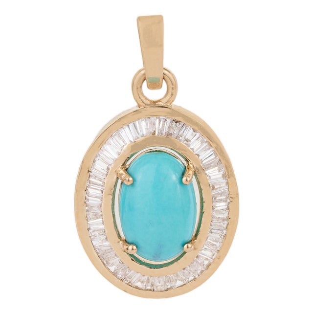 Art Deco 1.43ct Turquoise & Baguette Diamond Halo Pendant in 14k Gold For Sale
