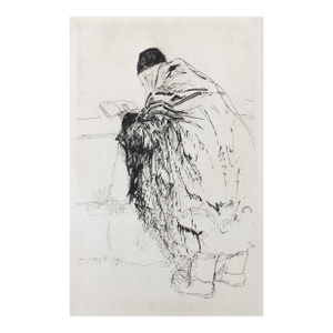 Paul JeffayJudaica Jewish Shtetl Etching Hasidic Rabbi in Prayer Vintage Chassidic Print, c.1950's