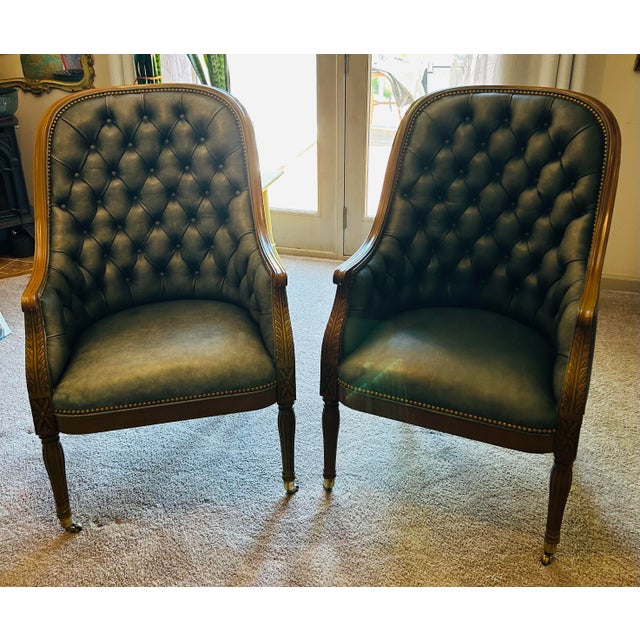Hancock & Moore Pair of Hancock & Moore Classic Tufted Leather Bergere Chairs For Sale - Image 4 of 11