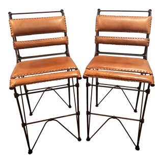 Stitched Brown Leather and Iron Barstools - Set of 2 For Sale