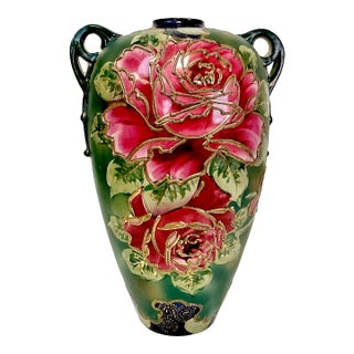 Early 1900s Antique Art Deco Boho Chic Hand-Painted Rose Vase With Side Handles. For Sale
