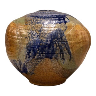 Mid Century Modern Glazed Studio Pottery Vessel Cobalt Blue with Earth Tones For Sale