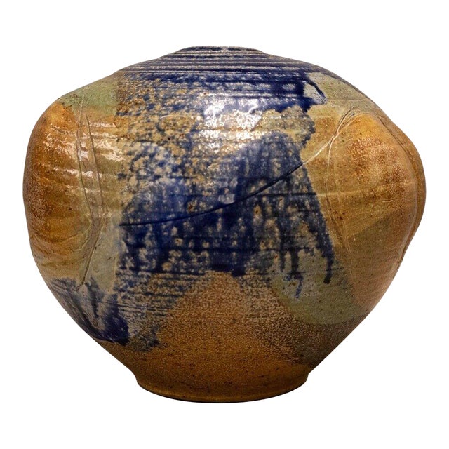 Mid Century Modern Glazed Studio Pottery Vessel Cobalt Blue with Earth Tones For Sale