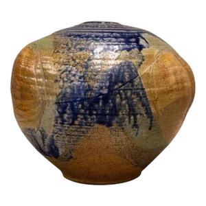 Mid Century Modern Glazed Studio Pottery Vessel Cobalt Blue with Earth Tones