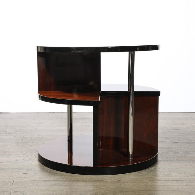 Brown Art Deco Machine Age 3-Tier Walnut Occasional Table With Chrome Rod Supports For Sale - Image 8 of 15