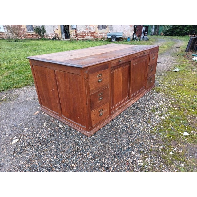 Antique Oak Draper's Table, 1930s, 6 Drawers, 1 Central Shelf, 2 Sliding Doors, Storage, Brass Shell Handles, Height: 85...