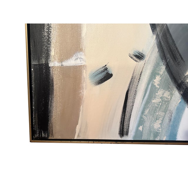 Extra Large Blue and Tan Abstract Painting in Gold Float Frame For Sale - Image 4 of 8